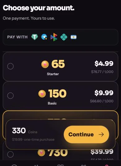 La pagina Coins dello studio con un pacchetto da 330 Coins selezionato