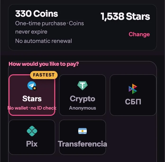 Checkout con Telegram Stars selezionato e prezzo in Stars